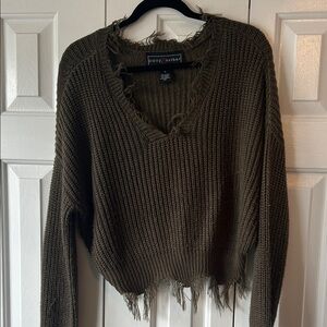 Distressed V-Neck Sweater in Olive